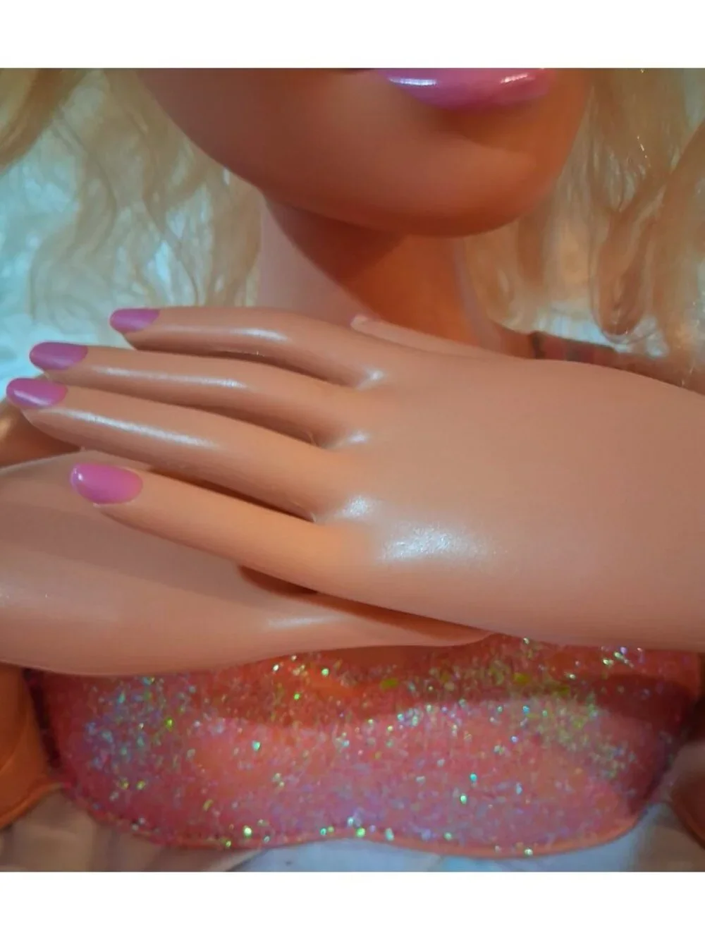 Barbie Blonde Styling Doll Head With Makeup Glittery Top RARE